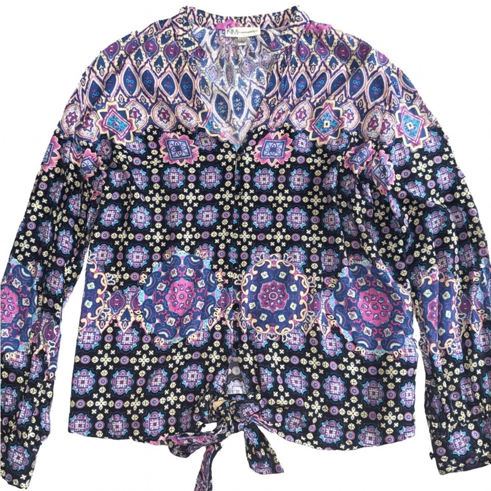Neiman Marcus Boho Medallion Print Tie Front Blouse Purple Blue Size Large